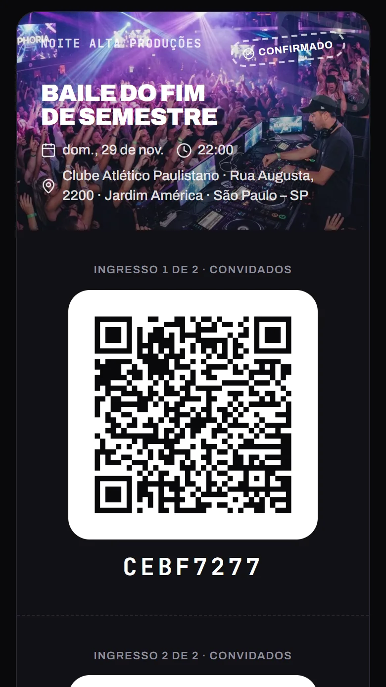 Ingresso aberto na carteira, com o QR Code e o código para a portaria