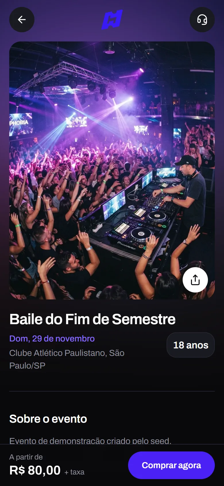 Página do evento no celular: arte, título, data, local e o botão Comprar agora