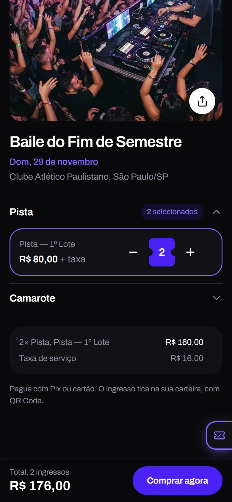 Tela de ingressos no celular: dois ingressos de pista escolhidos e o total com a taxa